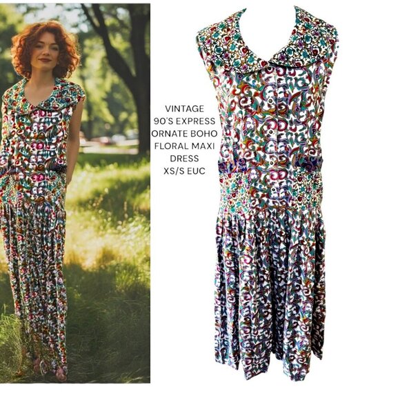 VINTAGE‎ 90'S EXPRESS COTTAGE CORE GRANDMA BOHO FLORAL MAXI DRESS XS/S EUC - Picture 1 of 5